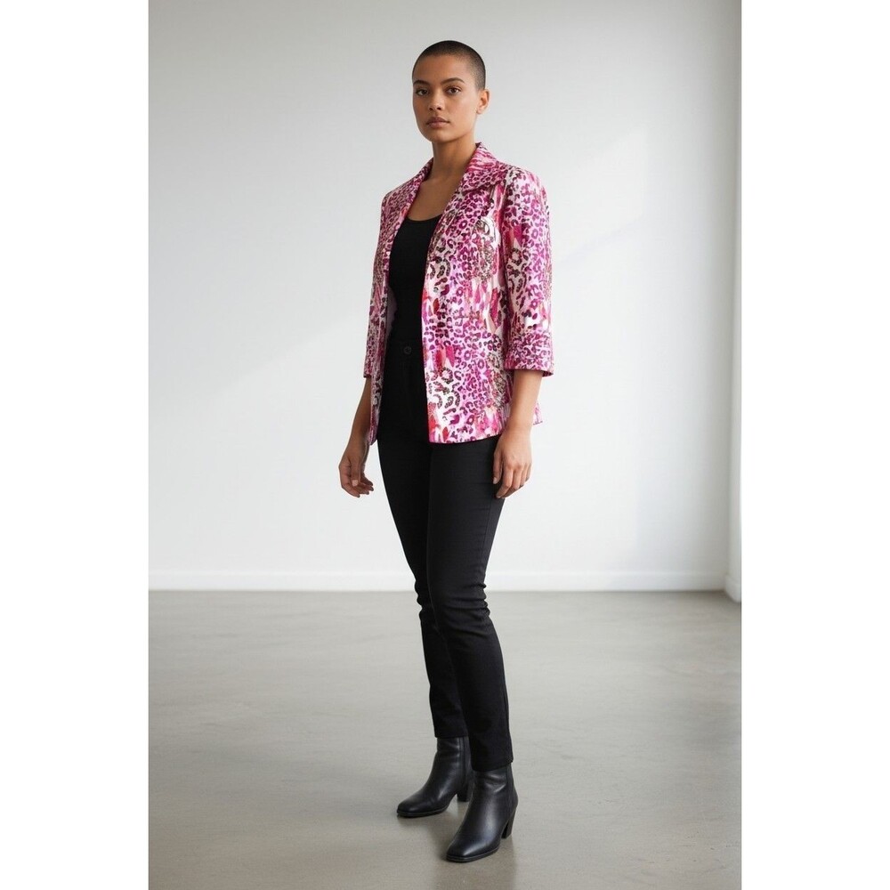 NKD Women's Size 12 Pink Abstract Leopard Print Open Blazer 3/4 Sleeve Career